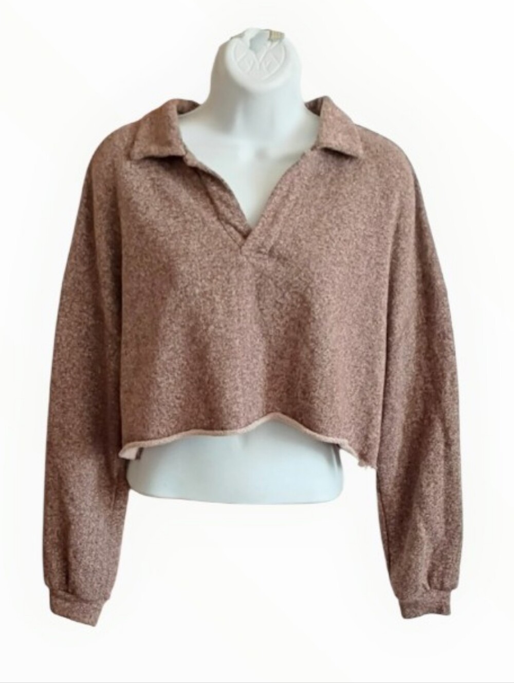 FP Beach Cropped Collared Pullover Sweatshirt in Light Brown sz SP